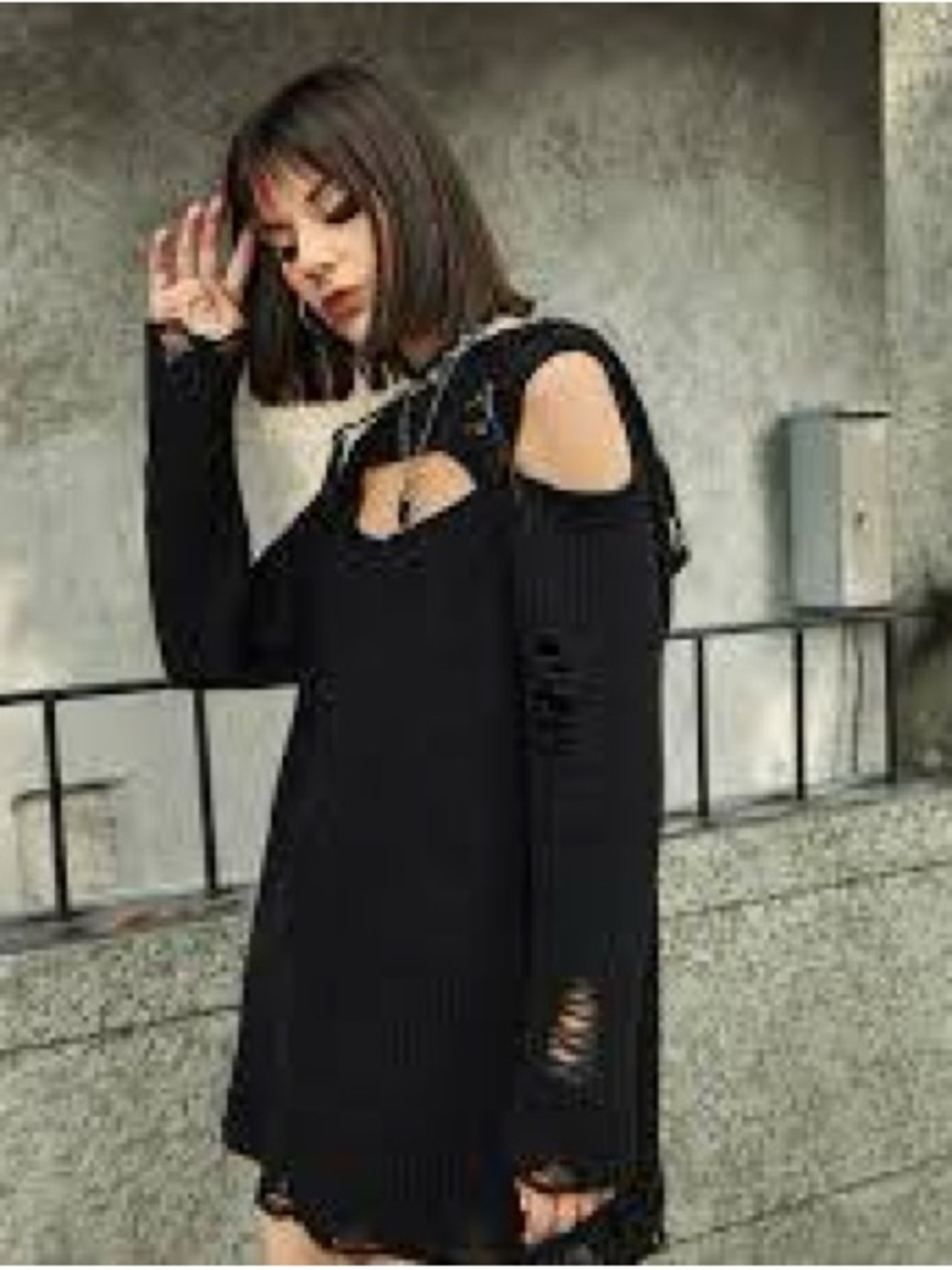 Romwe Black Cutout distressed Knit Mini Dress